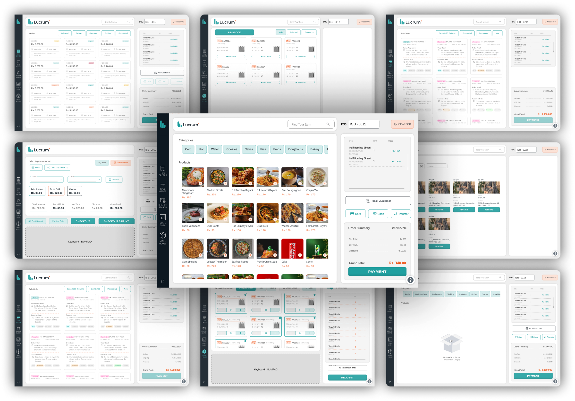 Lucrum POS screens fanned out and tilted: register, checkout, sale orders, warehouse requisition and branch search