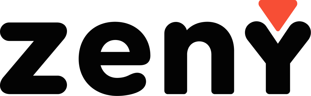 The Zeny wordmark: a geometric sans with an inverted terracotta triangle set into the arms of the Y