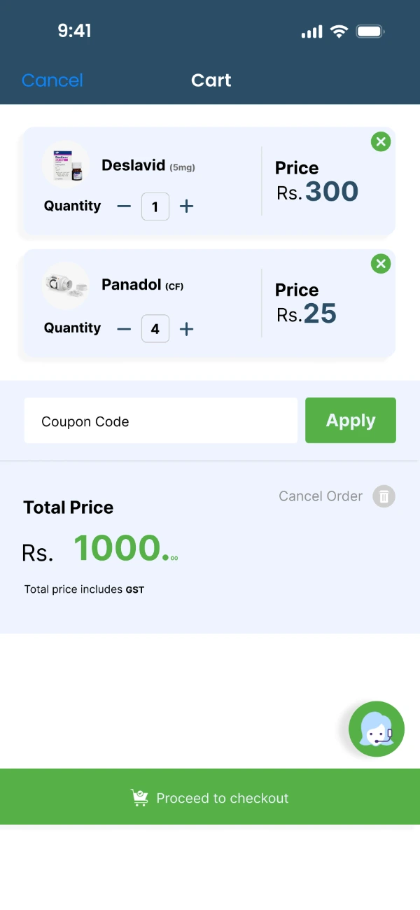 A cart with two medicines, quantity steppers on each line, a coupon code field, and a total that states it includes tax