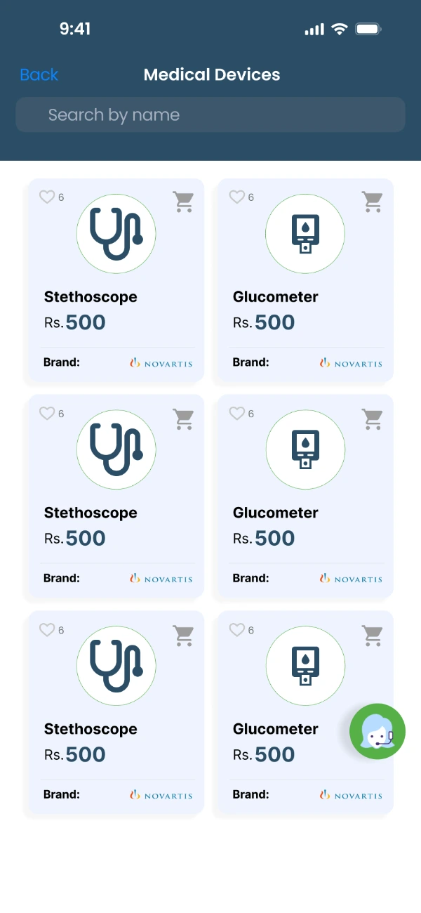 A medical devices catalogue showing stethoscopes and glucometers in the same card layout as the medicines listing