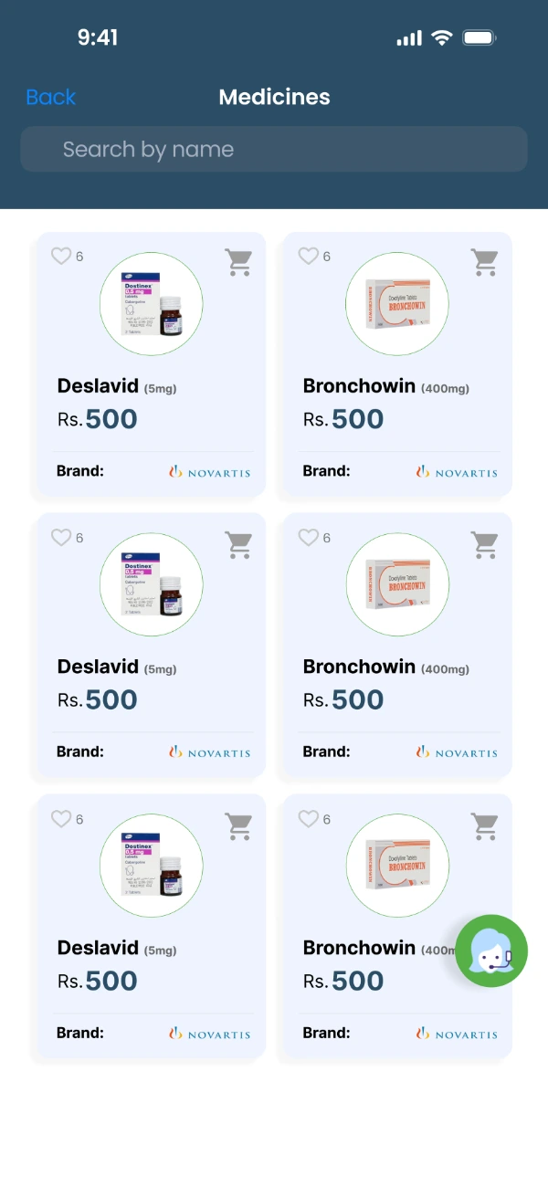 A medicines listing grid, each card carrying a product photograph, name, dosage, price, manufacturer brand, a wishlist heart and an add to cart control