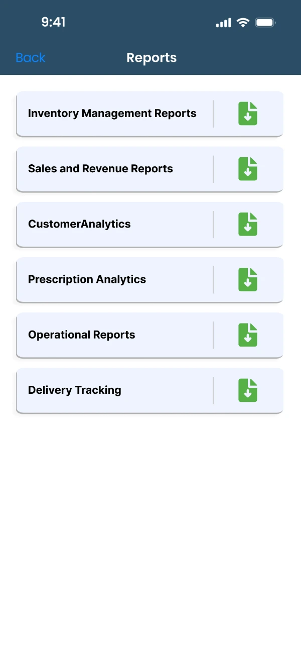 A reports menu listing inventory management, sales and revenue, customer analytics, prescription analytics, operational reports and delivery tracking, each with a download control