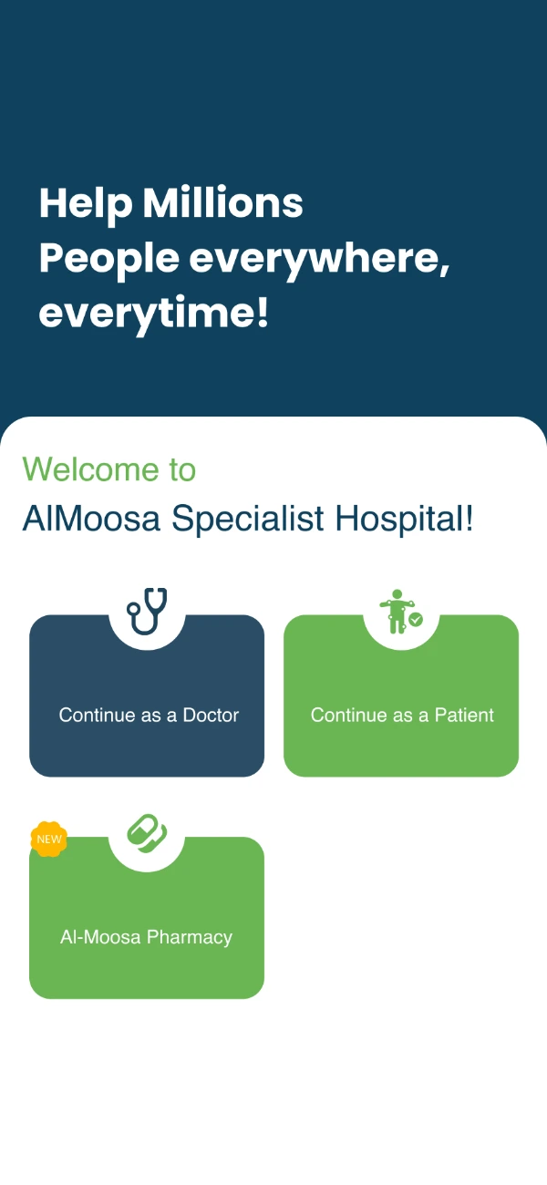 Welcome screen for Al Moosa Specialist Hospital offering two paths, continue as a doctor or continue as a patient, plus an Al-Moosa Pharmacy shortcut