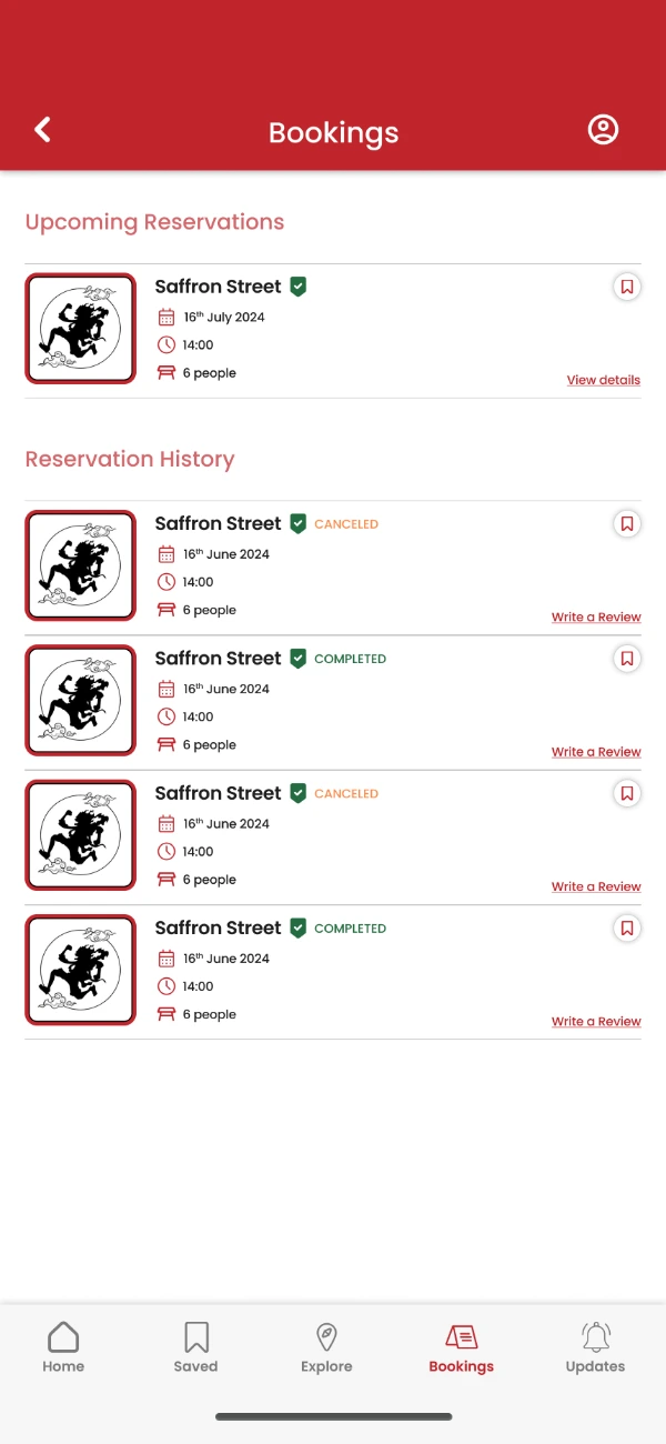 The bookings tab split into upcoming reservations and reservation history, each row showing the restaurant, date, time, party size and a status of confirmed, cancelled or completed