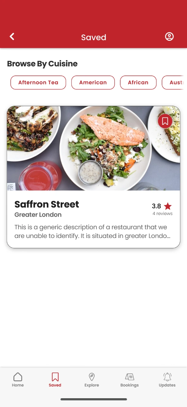 Saved restaurants browsed by cuisine, with cuisine chips across the top and a restaurant card carrying a photograph, rating and location