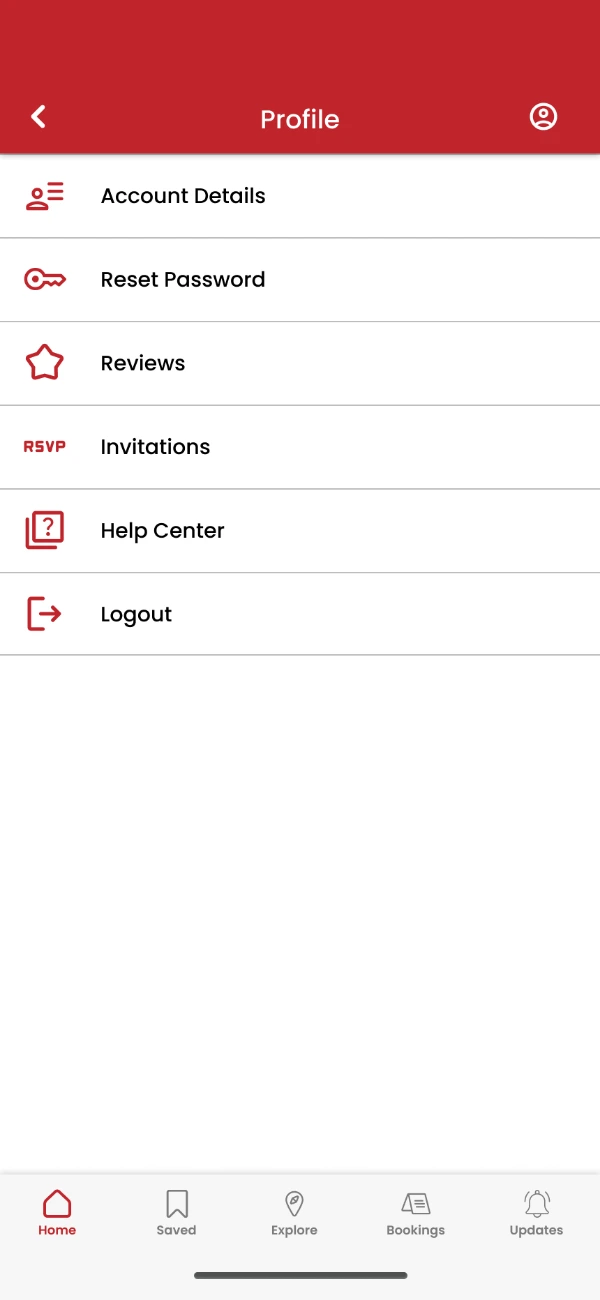 A profile menu listing account details, reset password, reviews, invitations, help centre and logout, each with an icon