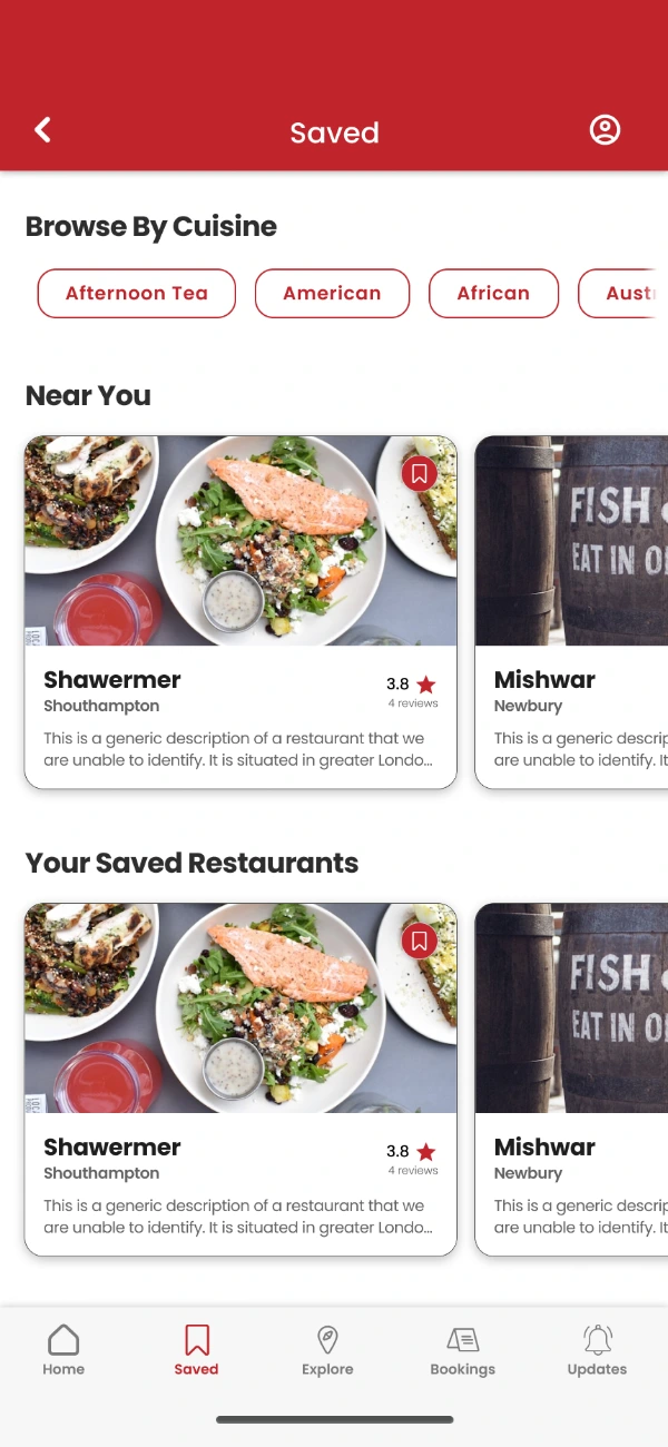 Saved restaurants grouped into near you and your saved restaurants, shown as photograph cards in a horizontal row