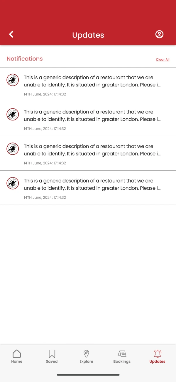 A notifications list with a clear all control, each entry naming a restaurant and carrying its own timestamp
