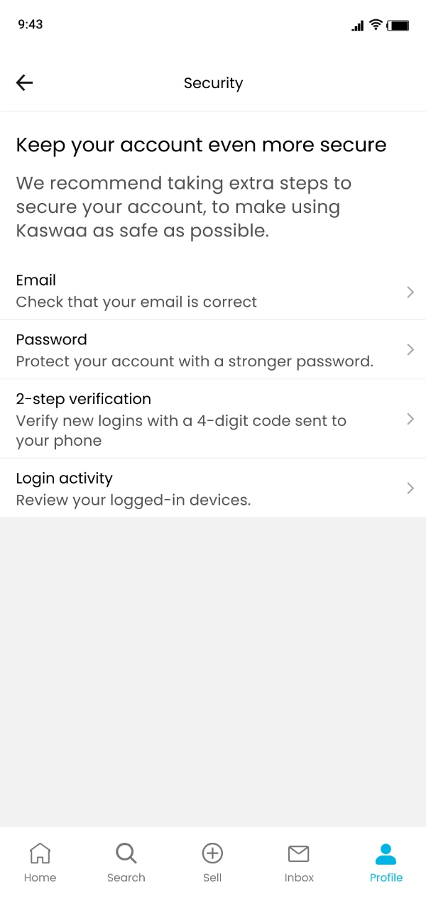 Account security settings covering email confirmation, password strength, two step verification by SMS code, and logged in device activity