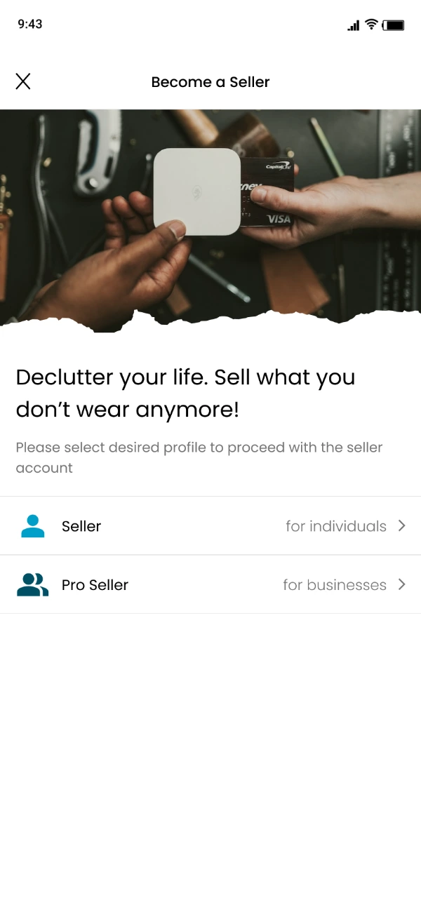 Become a seller screen offering two account types, Seller for individuals and Pro Seller for businesses