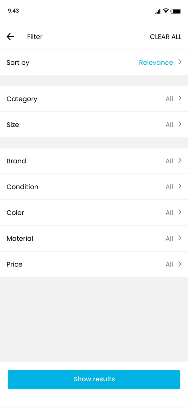 The filter sheet listing sort by, category, size, brand, condition, colour, material and price, each expandable