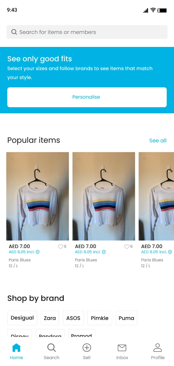The Kaswaa home screen: a search field, a See only good fits banner inviting the shopper to set their sizes, a Popular items row priced in dirhams, and Shop by brand chips, with Home active in the tab bar