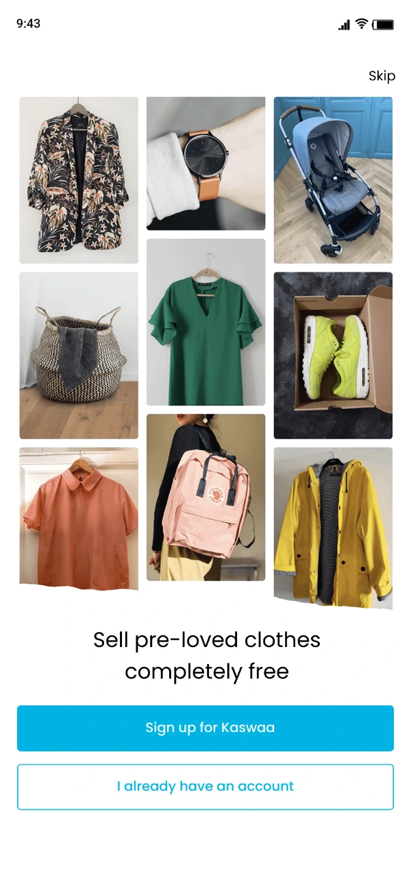 Kaswaa onboarding: a grid of secondhand clothing and bags above the line Sell pre-loved clothes completely free, with sign up and existing account buttons