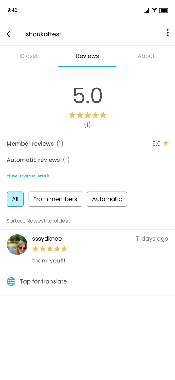 A seller's reviews tab showing a five point zero rating, member and automatic review counts, and a review with a translate control