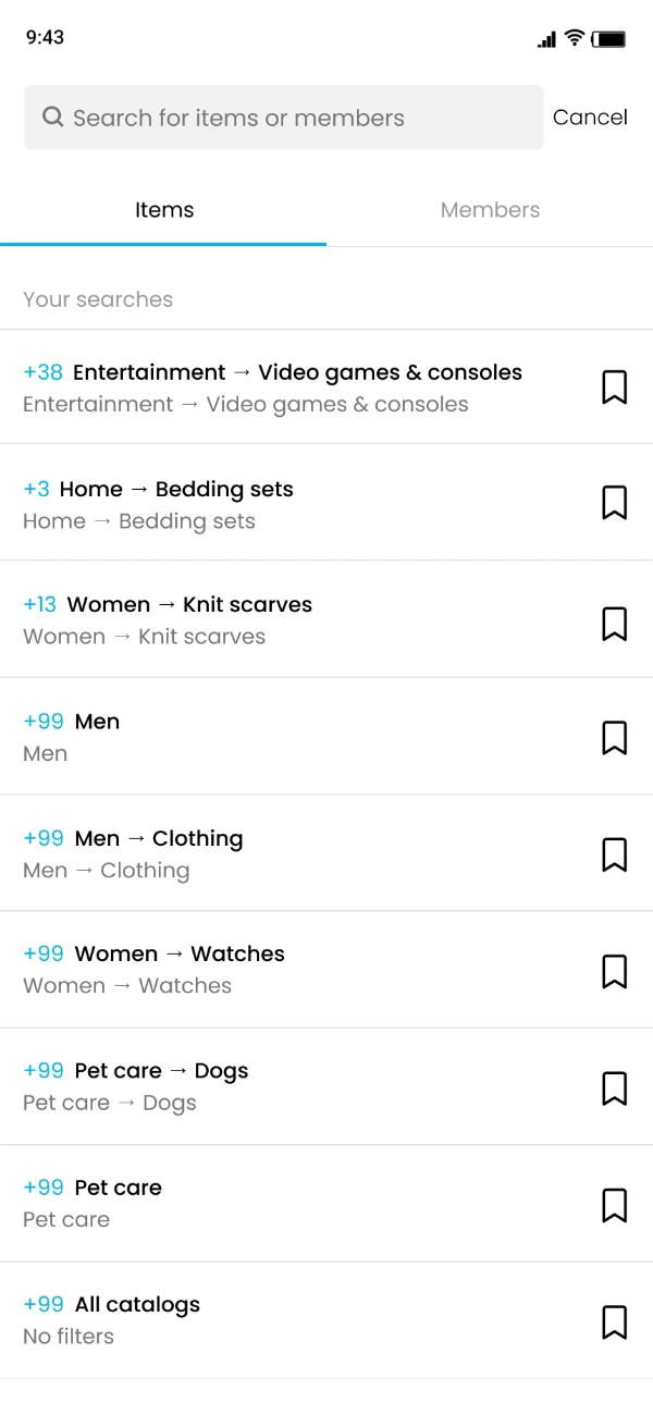 Search with saved recent searches, each showing a category path and a result count, split across Items and Members tabs