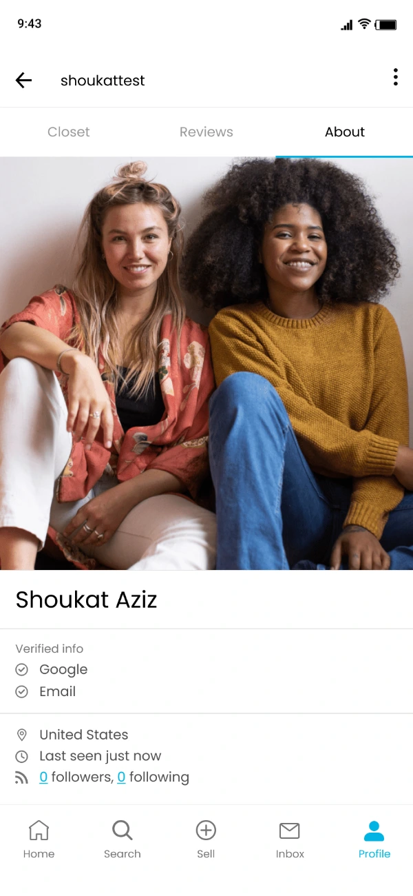 A seller profile with Closet, Reviews and About tabs, a cover photo, verified Google and email badges, location and follower counts