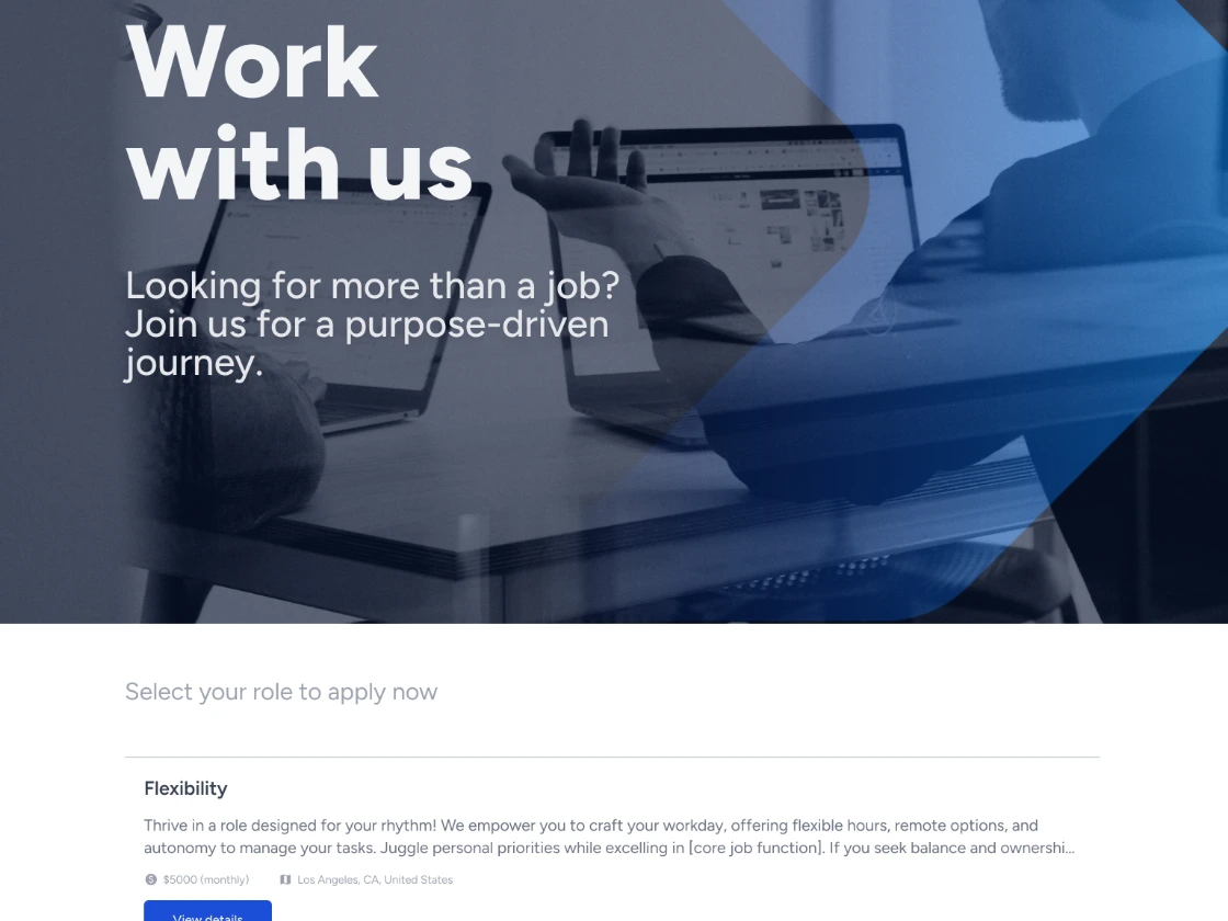 The join us page: a Work with us hero over a photograph of someone at a laptop, above a Select your role to apply now list whose first entry carries a monthly rate and a location