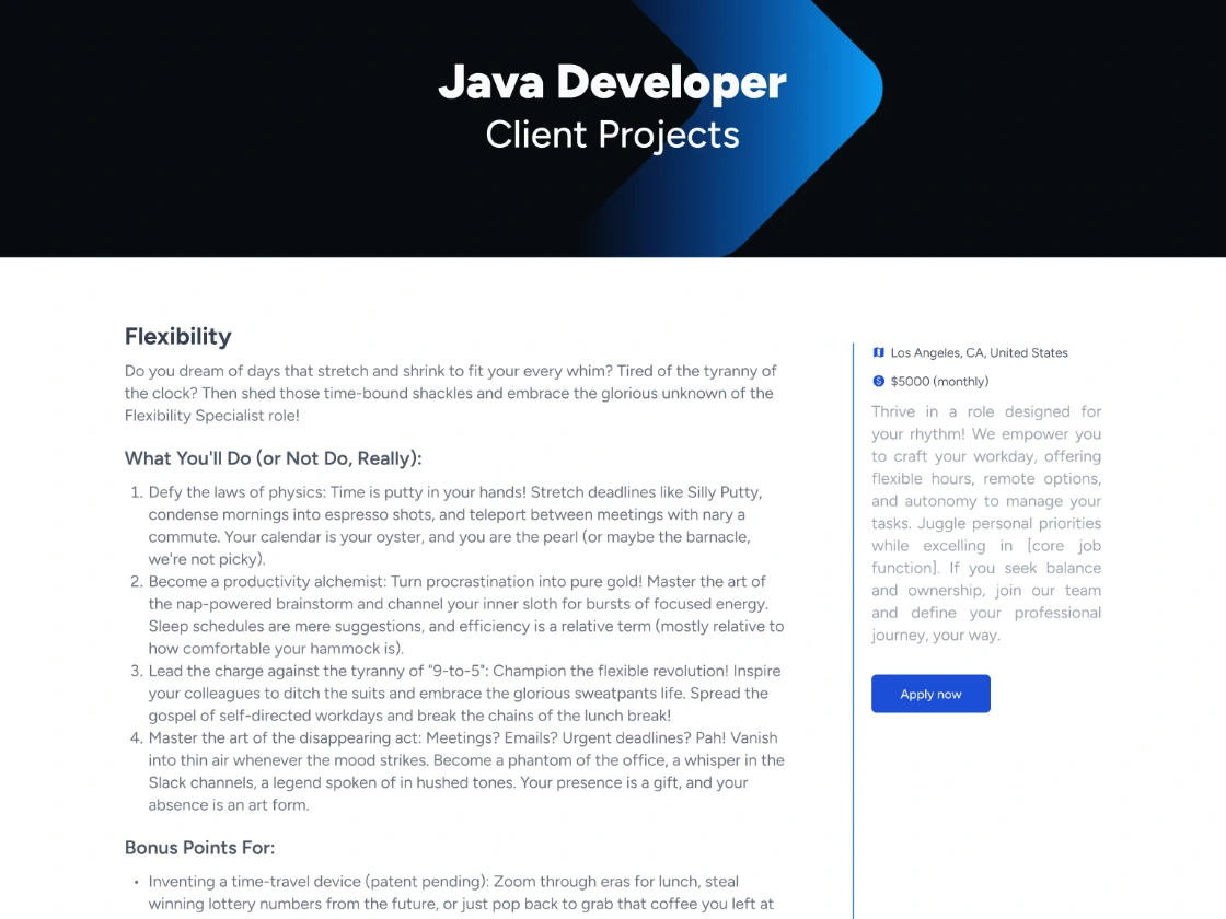 A role page for a Java developer client project, with the responsibilities and qualifications in the main column and location, monthly rate and an apply action in a sidebar
