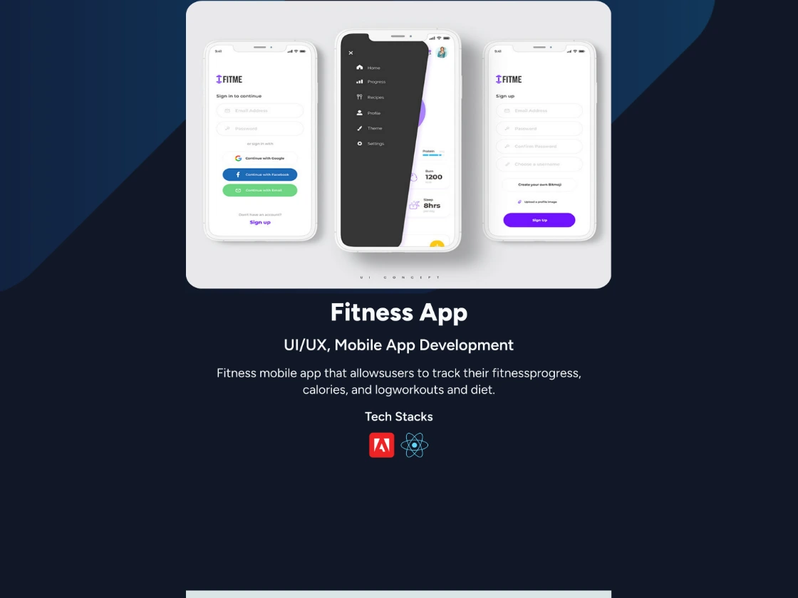A showcase entry for a fitness app: three phone mockups above the project title, the disciplines listed as UI/UX and mobile app development, a short description, and the tech stack icons underneath