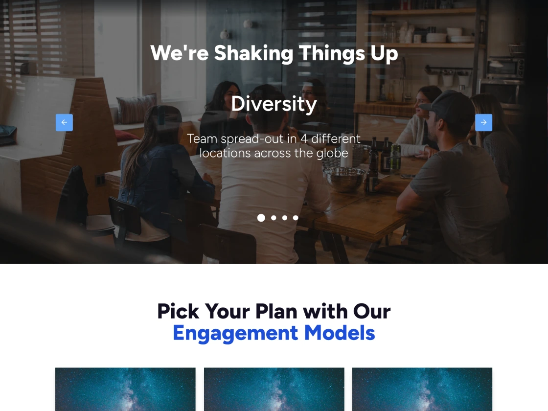 A carousel slide headed We are Shaking Things Up, Diversity, over a photograph of a team at a long table, above a section headed Pick Your Plan with Our Engagement Models showing three plan cards