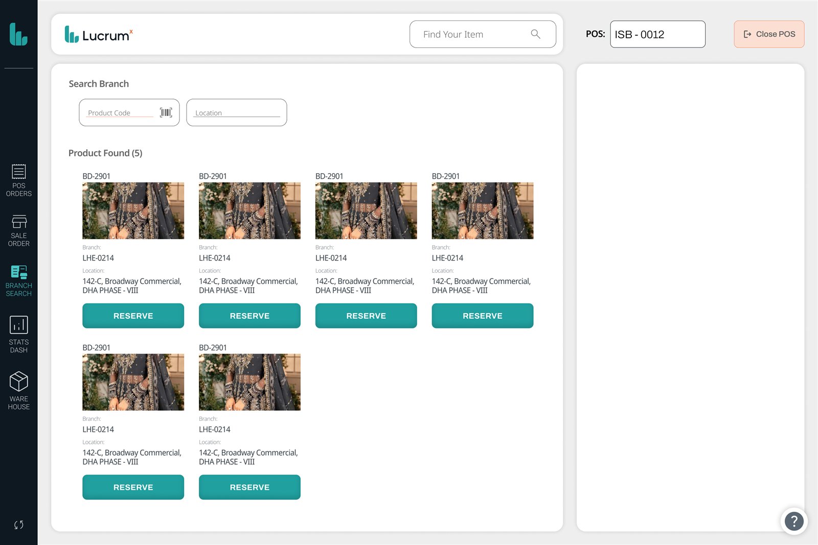 Branch and warehouse search showing stock levels by location alongside the requisition controls