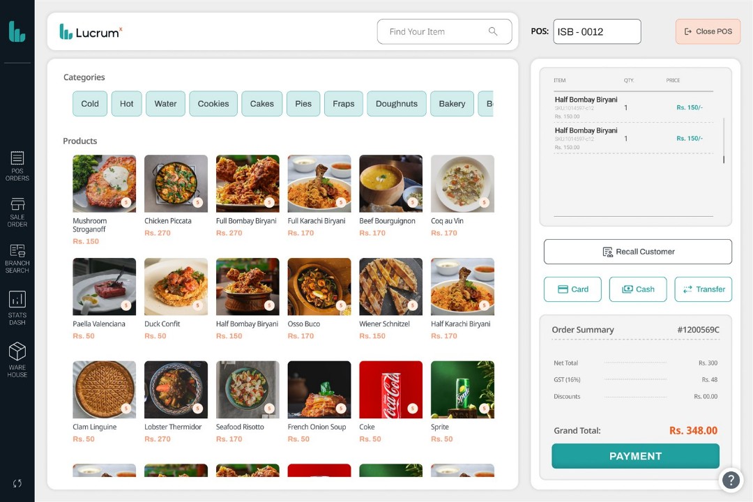 Item search during checkout, with results filtering as the cashier types and quantity and discount controls beside each line