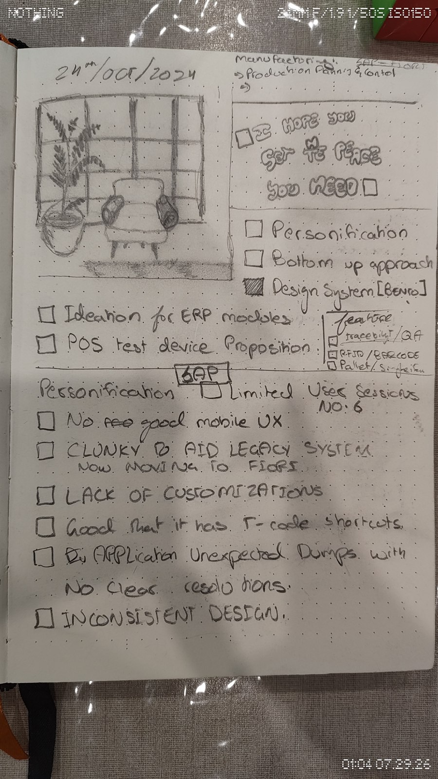 A notebook audit of the legacy system dated October 2024: no good mobile experience, a clunky legacy interface, no customisation, unexplained application dumps with no resolution path, and inconsistent design, with its keyboard shortcuts noted as the one thing worth keeping