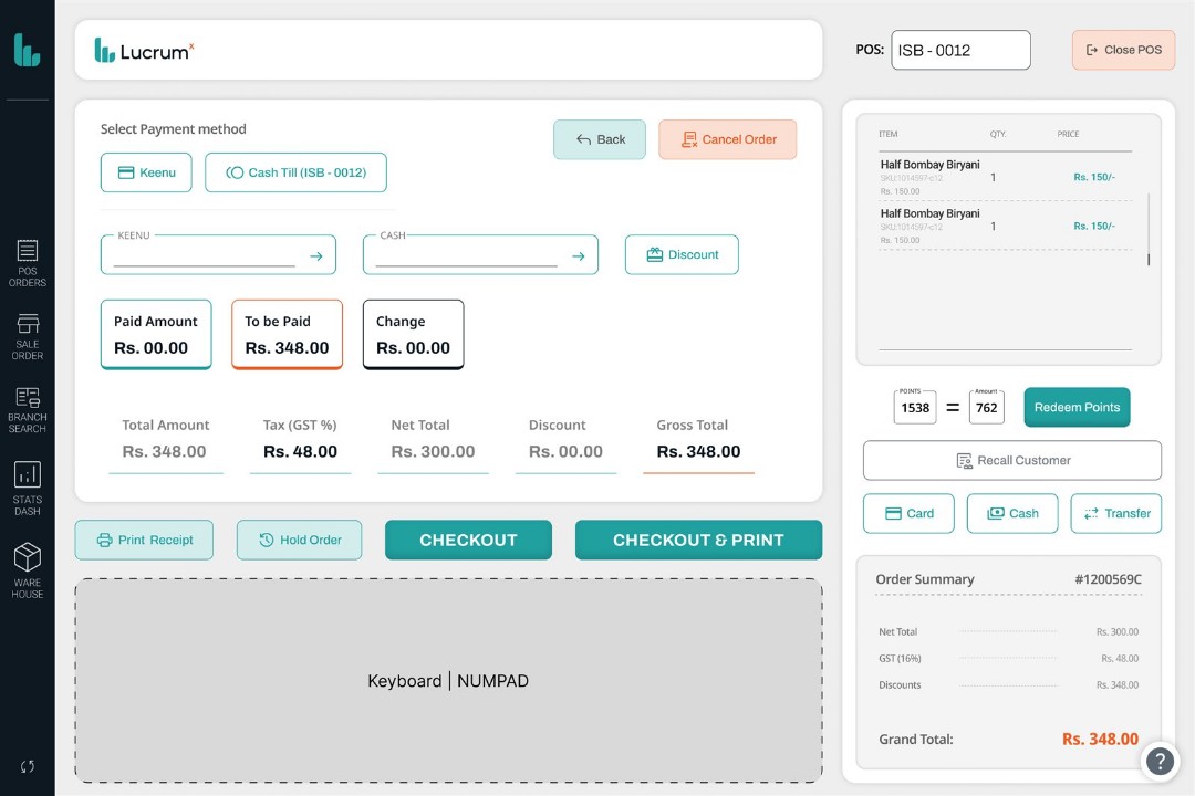 The payment screen showing payment type, loyalty redemption and change calculation together on one surface