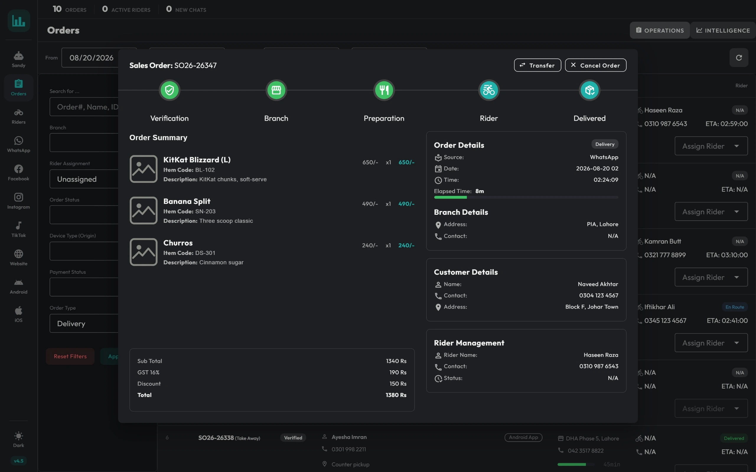 An order detail view: line items priced to the tax, customer and branch, and the actions available on the order