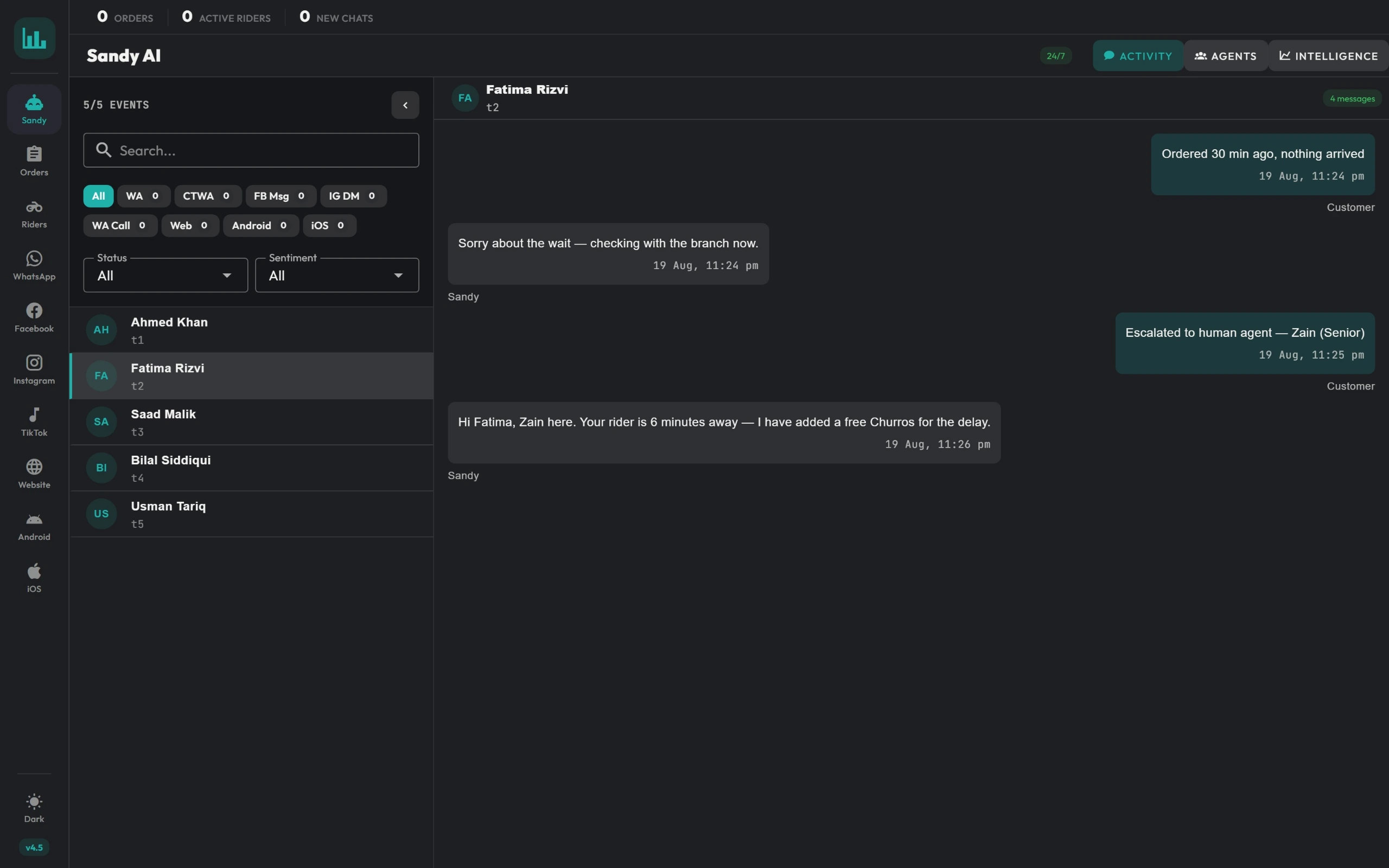 A Sandy conversation thread showing the customer messages, the assistant's replies and the order it produced