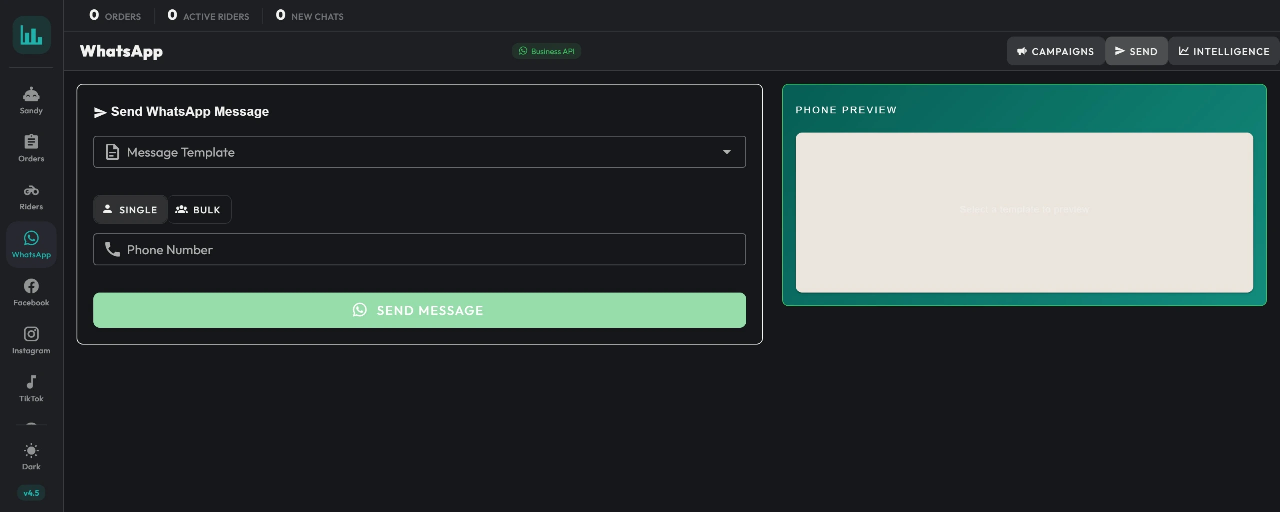 The WhatsApp send screen: an approved template, the audience it will go to, and the rate limit that governs the send